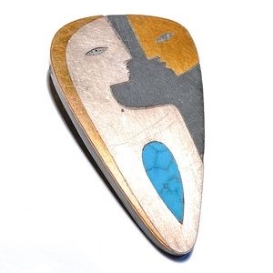 Los Castillo Taxco Mexico Onix Negro Brooch-Pendant w/Sterling, Brass, Turquoise